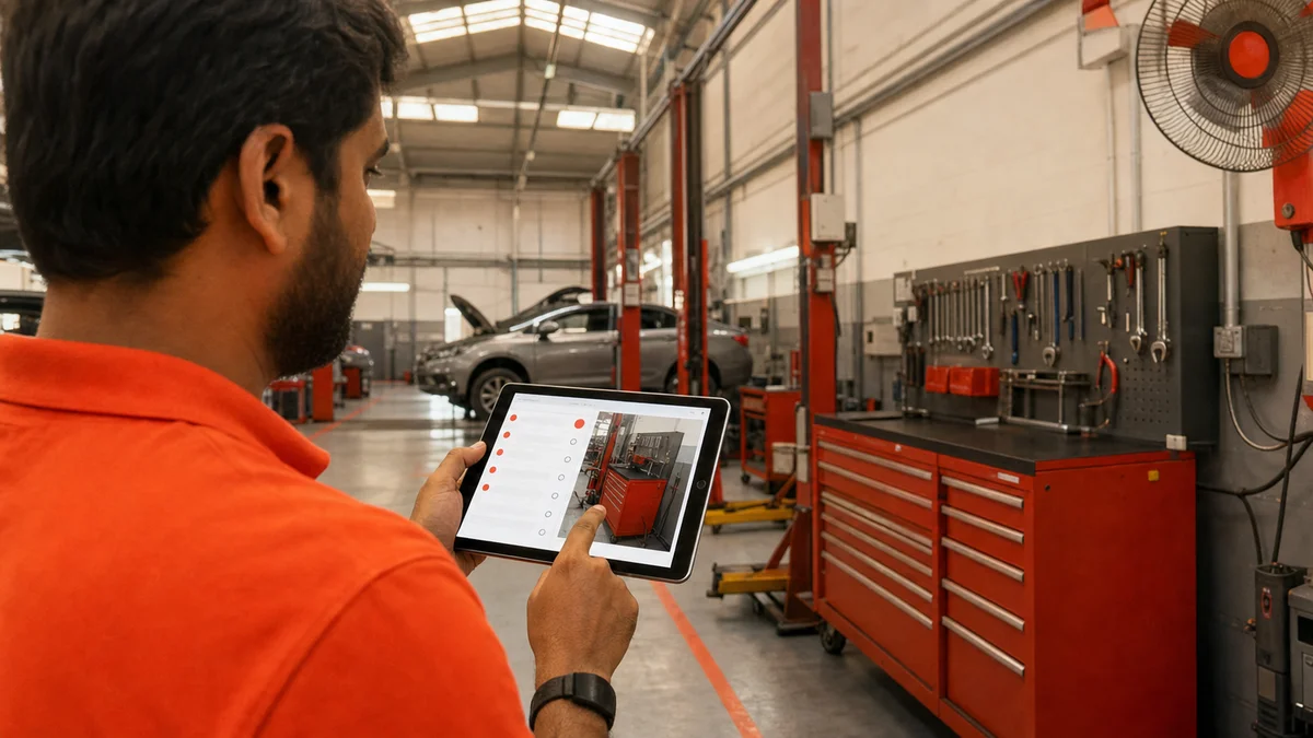 Auditor tapping a mobile checklist in a car dealership workshop bay
