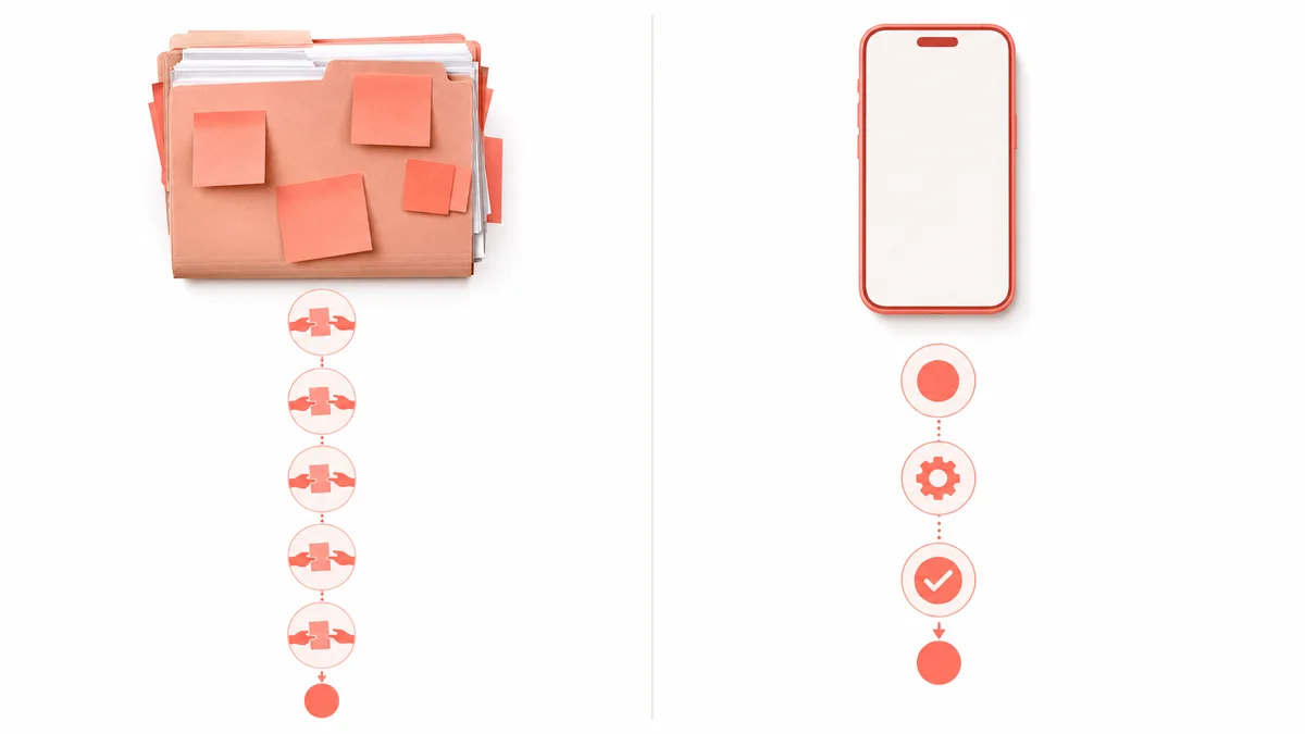 Comparison graphic of paper audit folder versus mobile audit app workflow steps