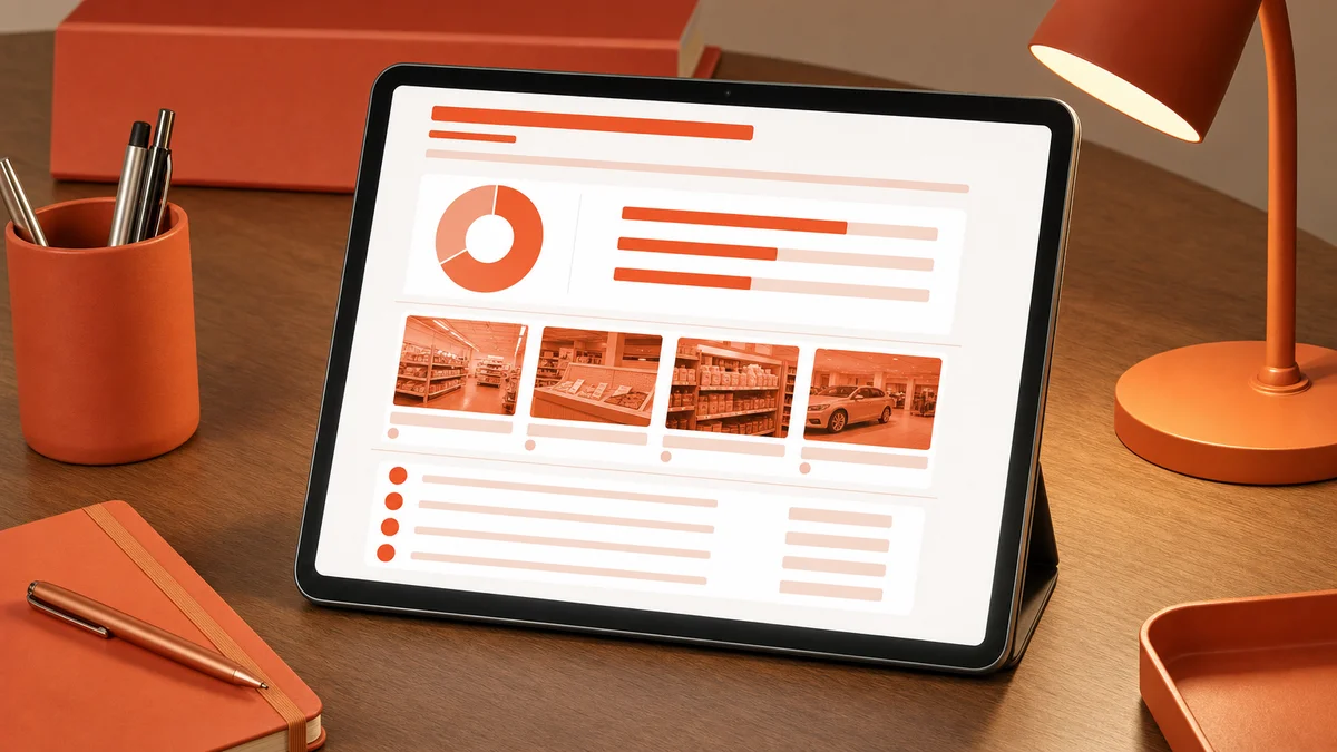 Auto-generated dealer visit report PDF displayed on a tablet screen