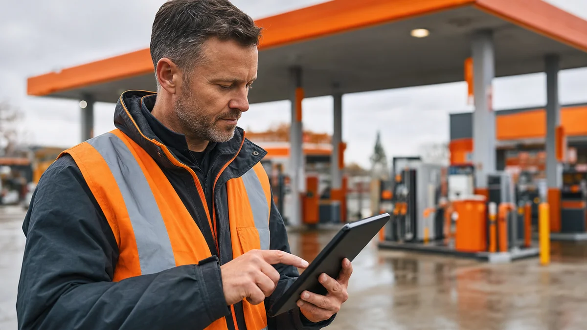 HSE manager reviewing safety audit checklist on tablet at fuel forecourt