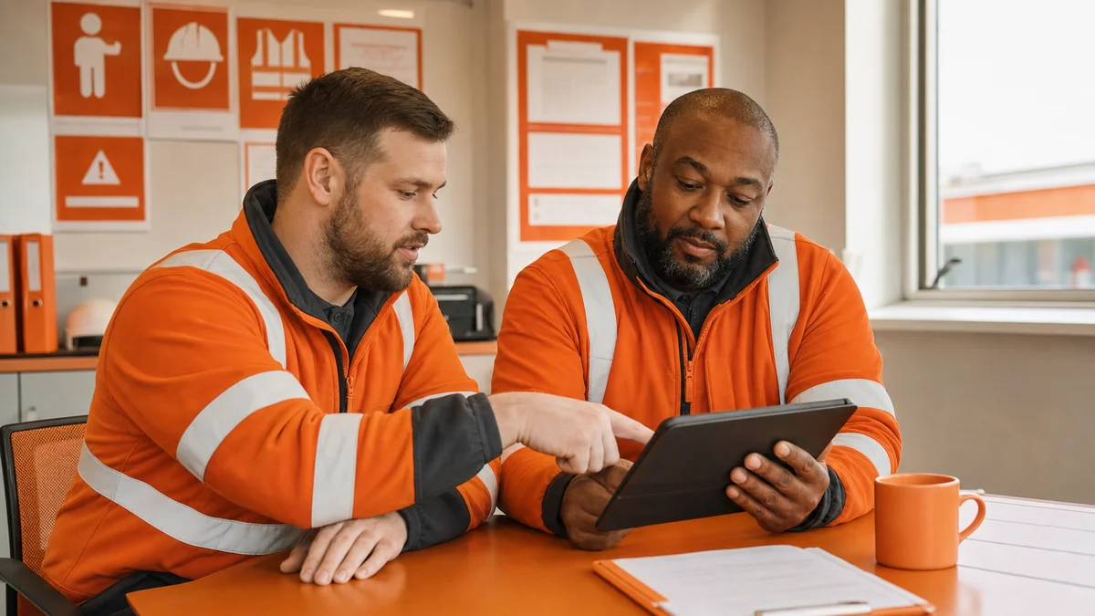Team reviewing closed corrective actions on a shared tablet in a fuel retail office
