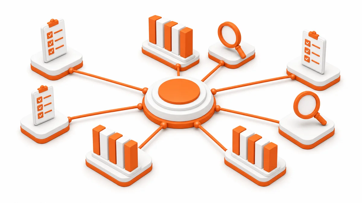 Isometric 3D illustration of multiple audit programme icons converging into a single platform hub