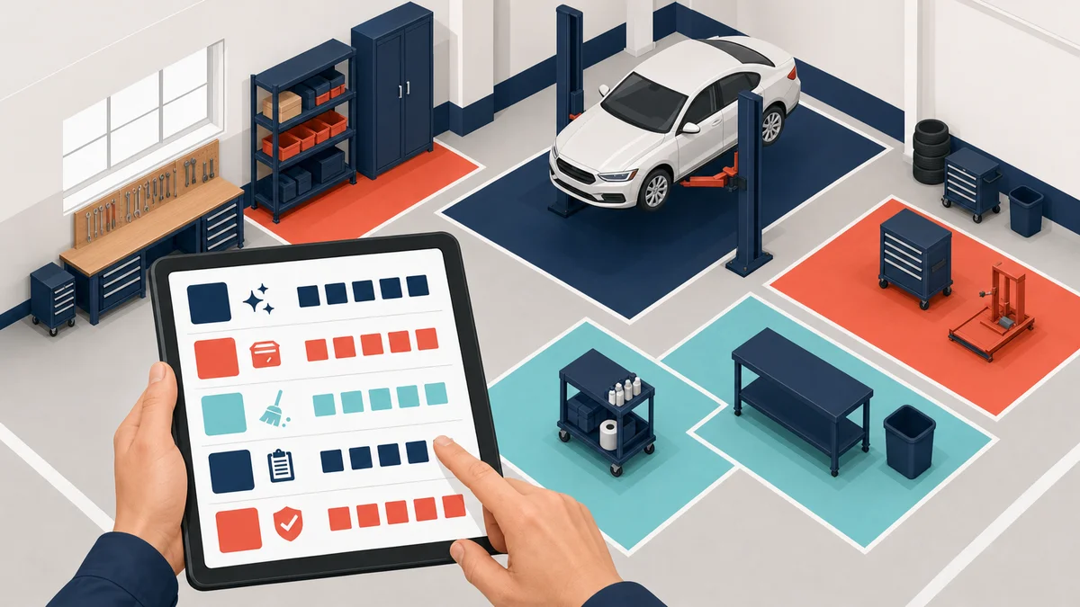 Isometric 3D scene of a dealership service bay with 5S zone markers and an audit tablet