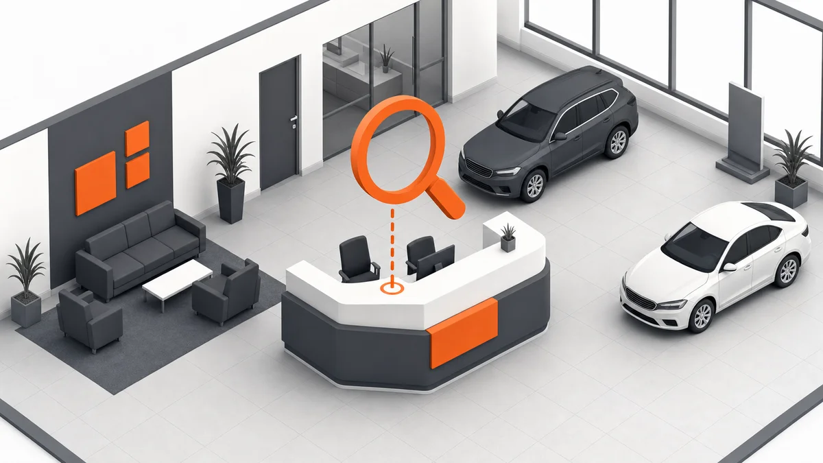 Isometric 3D dealership showroom with covert mystery shopping magnifying glass icon overlay