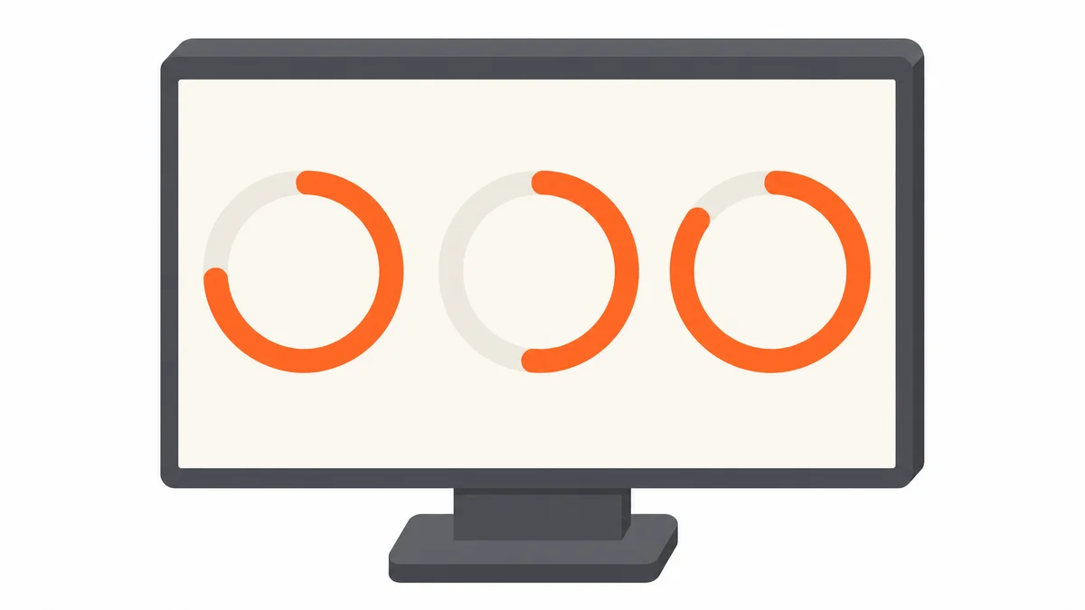 Isometric 3D dashboard monitor showing three audit score dials for DOS, 5S and mystery shopping