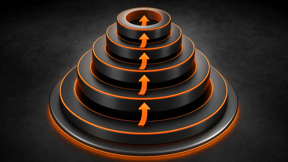 Five nested sculptural ring forms representing OEM-to-outlet tiers with orange score arrows