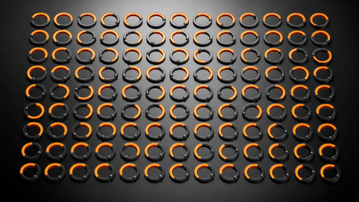 One hundred and twenty circular progress rings in a grid converging on a shared certification deadline