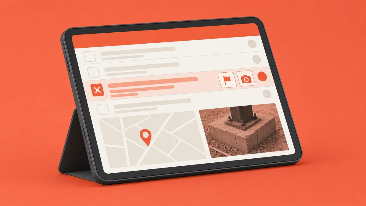 Tablet displaying an offline field audit checklist with geo-tagged photo on a failed item