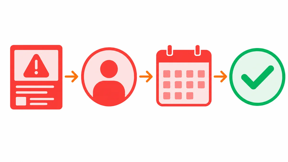 Closed-loop corrective action flow: finding card linked to owner, due date, and closure tick