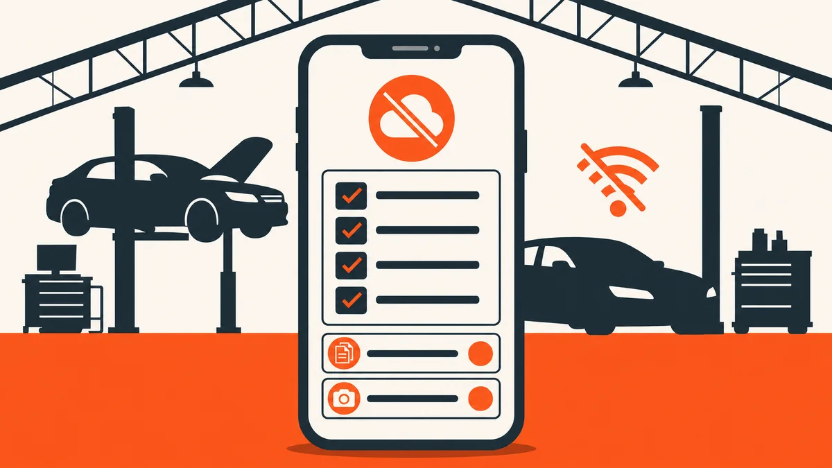 Mobile audit app displaying offline sync indicator inside a dealership workshop silhouette