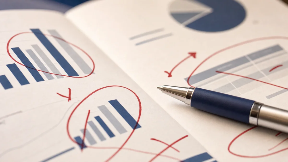 Extreme macro close-up of a printed PowerPoint audit deck with handwritten red-ink corrections