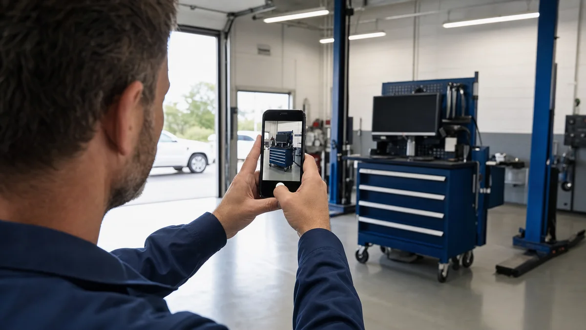 Field auditor capturing a live geotagged photo on a smartphone inside a dealership service bay