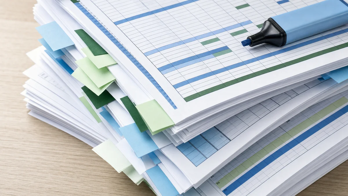 Stack of printed Excel spreadsheets and colour-coded sticky notes representing manual audit consolidation