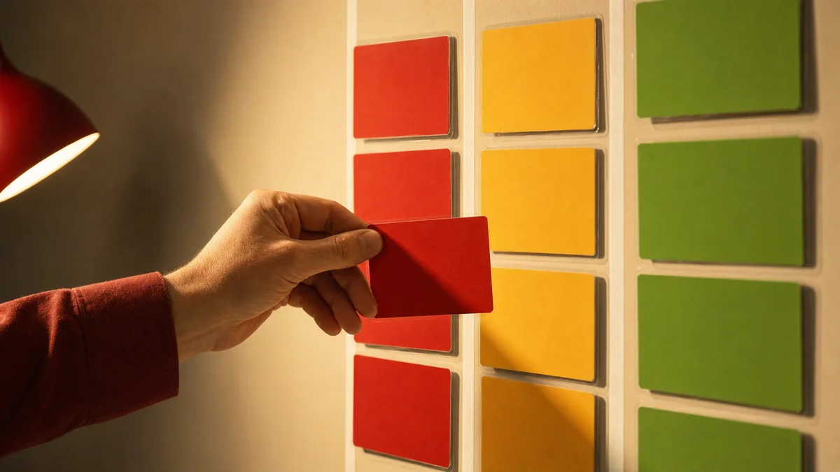 Physical kanban board with red, amber and green corrective action cards for dealer audit findings