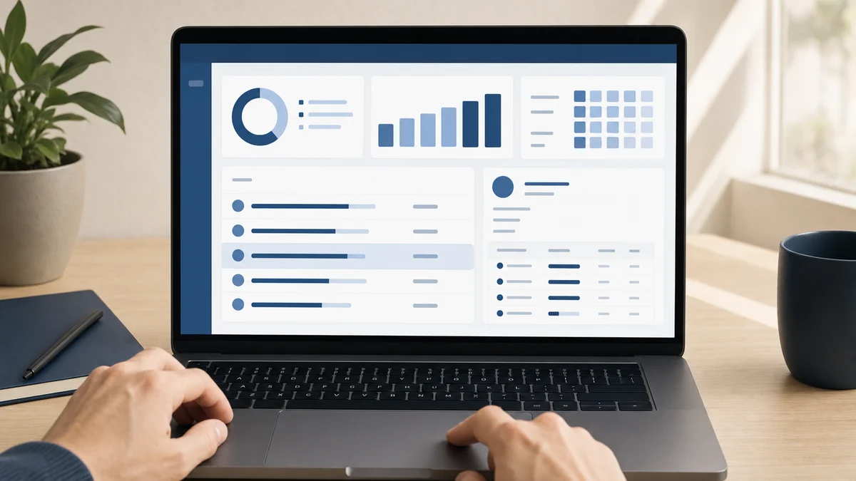 Laptop screen showing a multi-level compliance drill-down dashboard at a network operations desk
