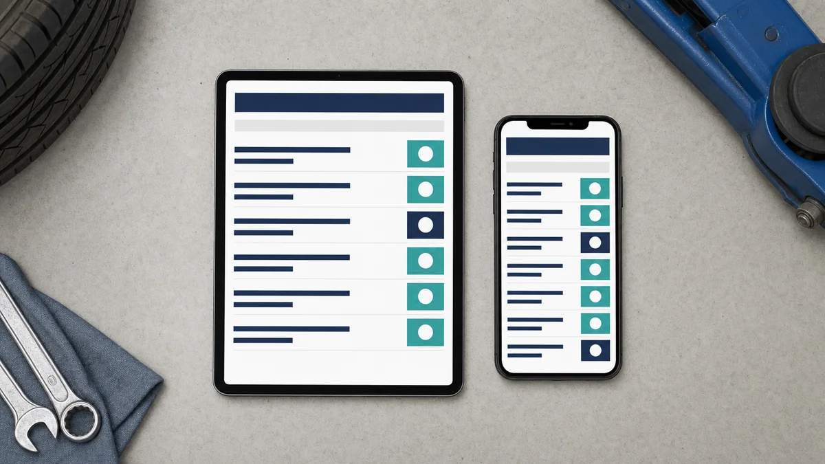 Tablet and smartphone showing dealer audit checklist forms on a workshop surface