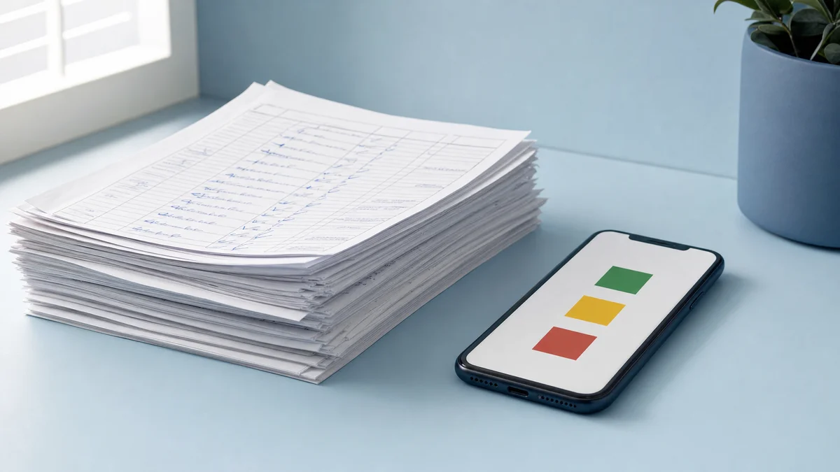 Stack of paper audit forms next to a smartphone showing a digital audit score