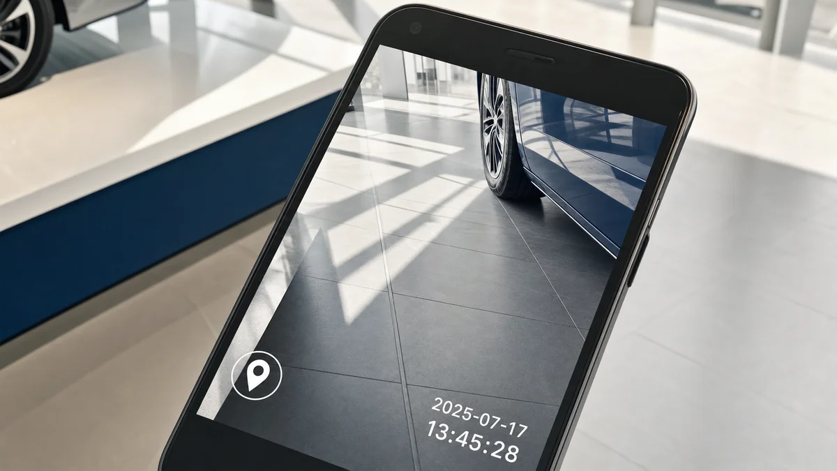 Smartphone capturing a geo-tagged photo inside a vehicle showroom with timestamp overlay