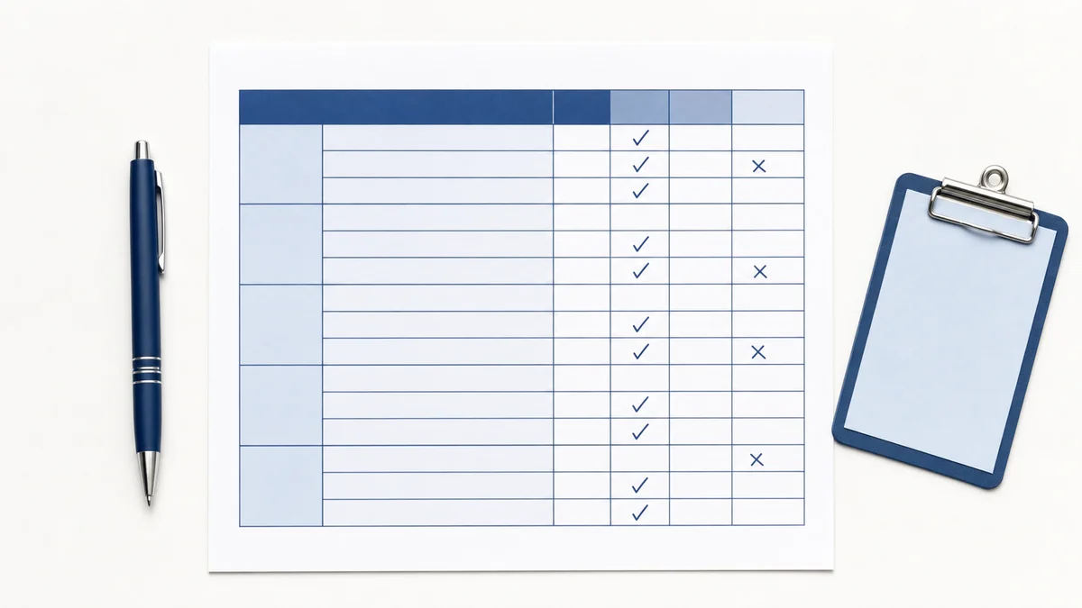 Audit scoring sheet with section weights, a pen, and a clipboard on a white surface