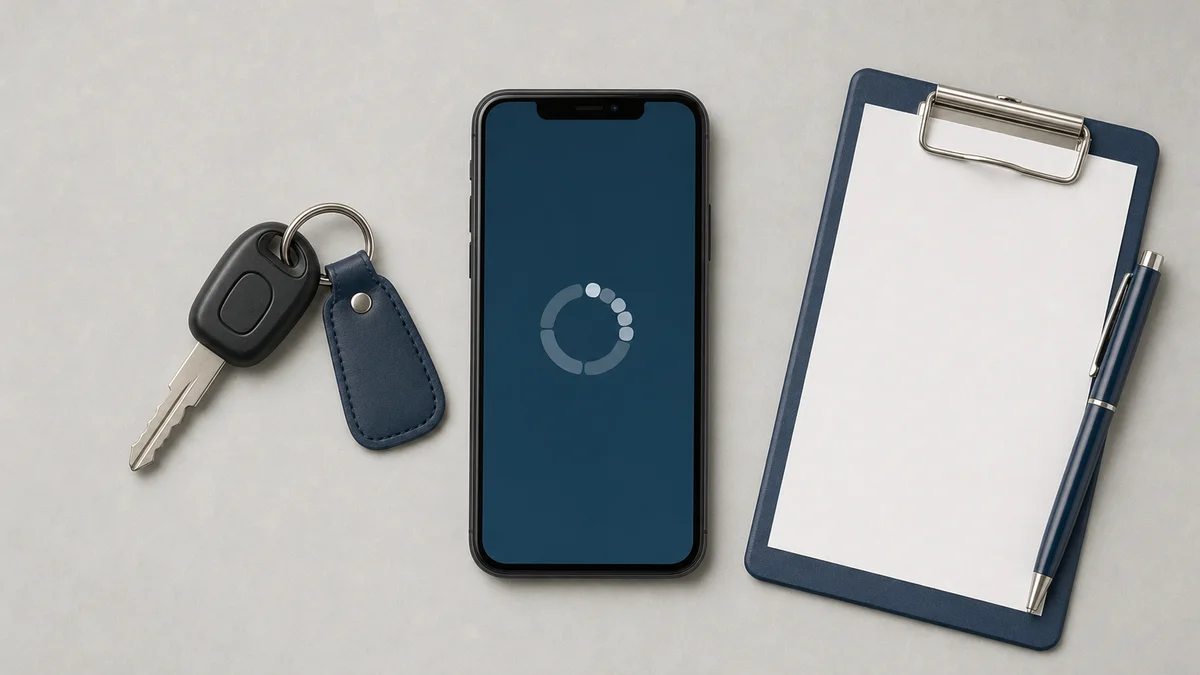 Smartphone showing a sync progress screen beside car keys and a clipboard