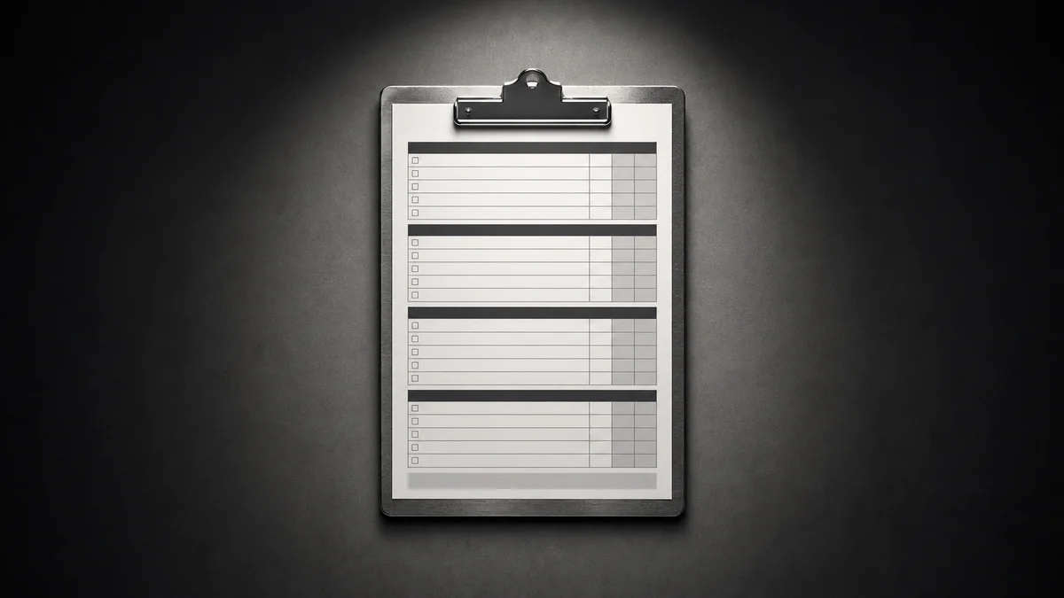 Illuminated audit clipboard on dark surface with single overhead spotlight