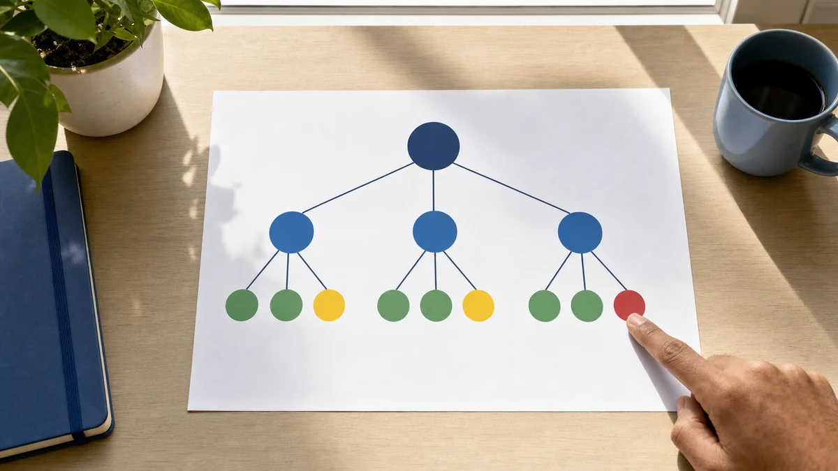 Multi-level org chart with red and green compliance score indicators at each node