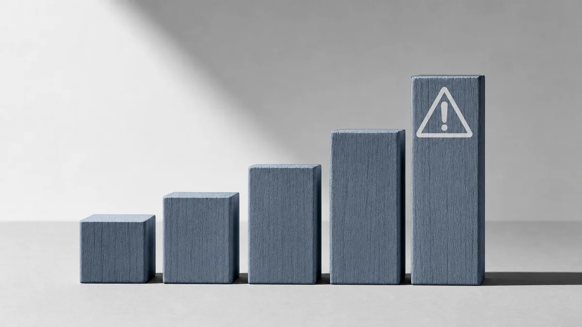 Five ascending wooden blocks labelled with enforcement escalation stages, warning triangle on top