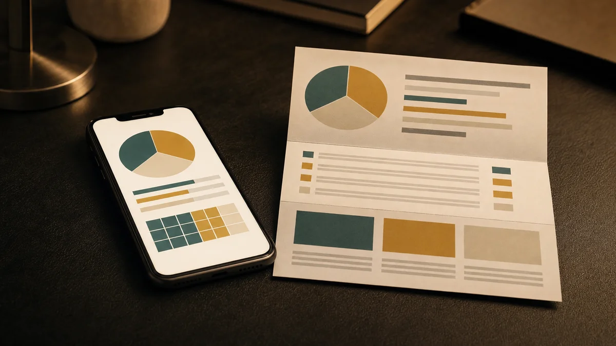 Smartphone showing audit score dashboard beside a printed dealer visit report on a desk