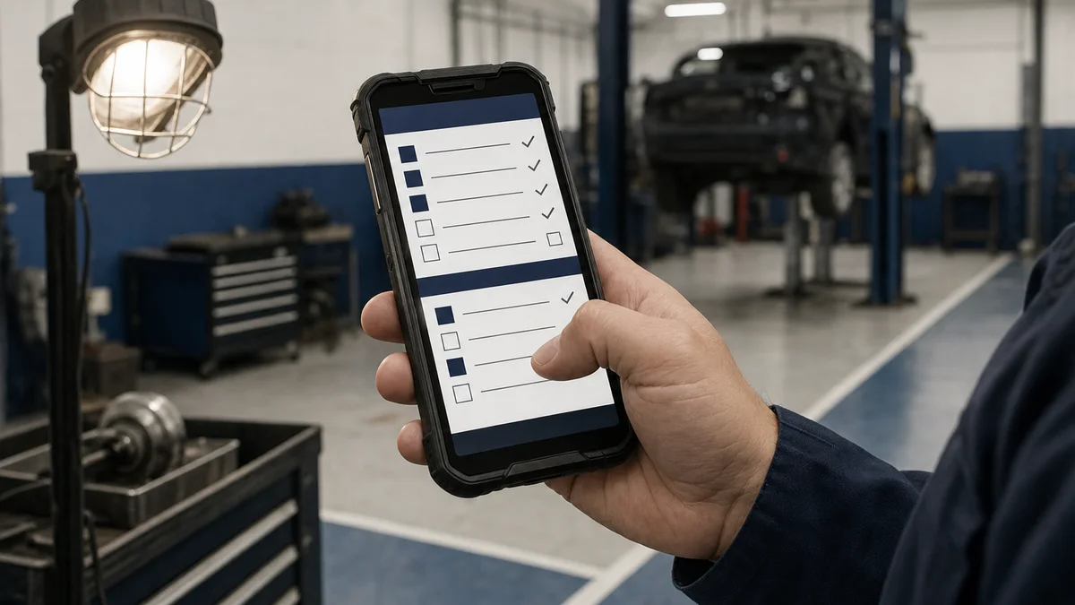 Auditor's hand holding a mobile device showing a dual-programme audit checklist in a dealership workshop