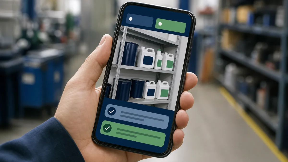 Mobile app showing a spill hazard photo linked to both a 5S checklist item and an H&S checklist item