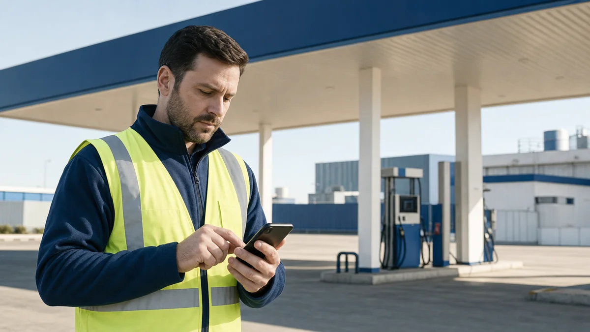 Field auditor at a fuel retail forecourt reviewing a completed dual-programme audit on a mobile device