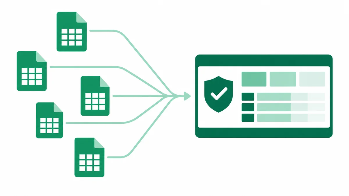 Flat vector of regional spreadsheet files funnelling into one live compliance dashboard
