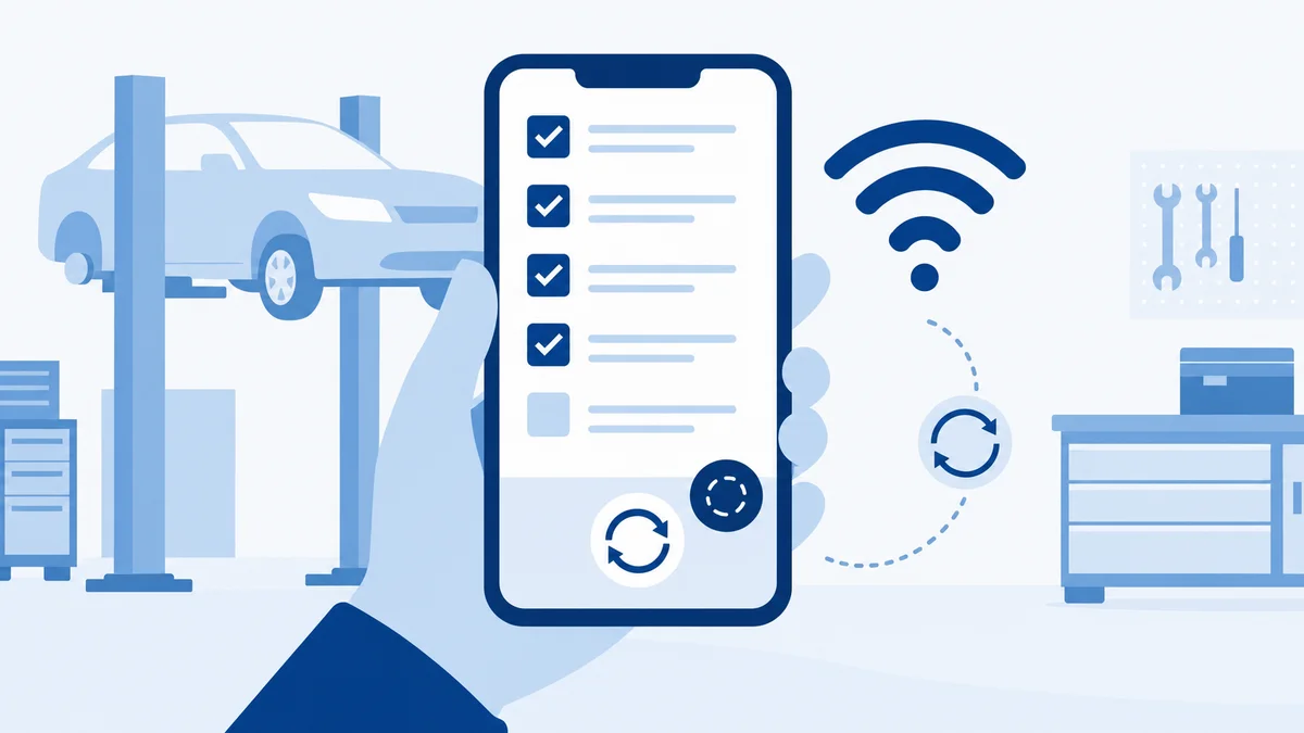 Flat vector of a mobile audit app in offline mode with a sync indicator activating on connectivity return