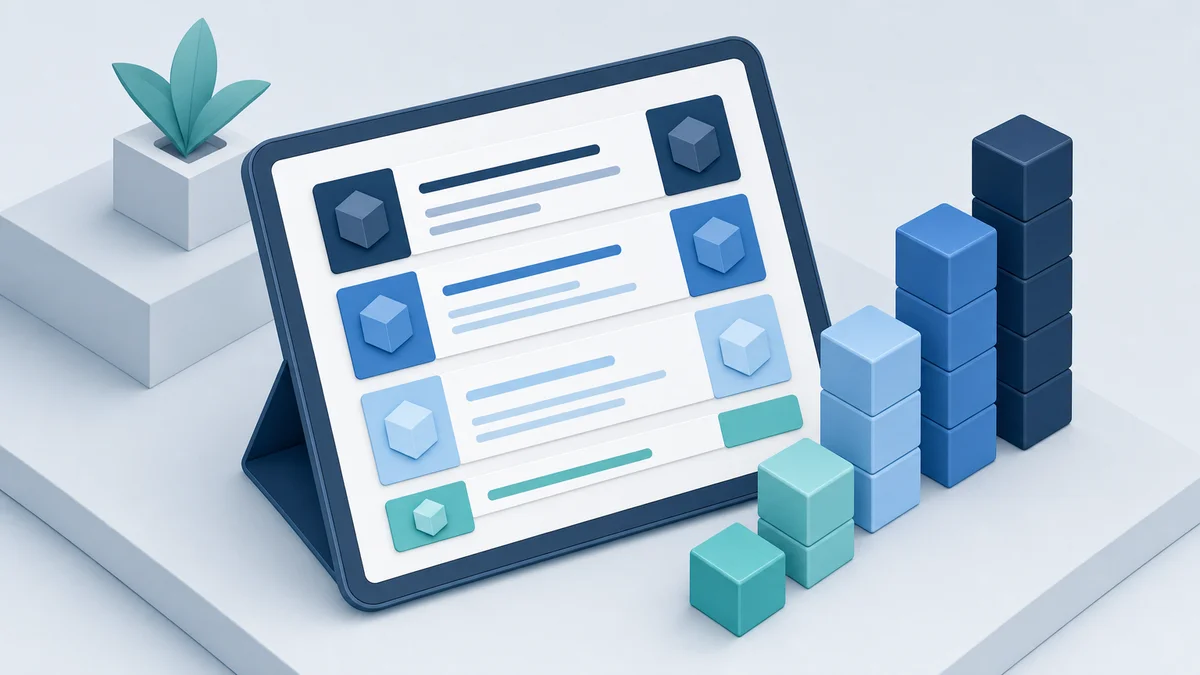 Isometric 3D tablet showing a structured OEM checklist with weighted scoring cubes beside it
