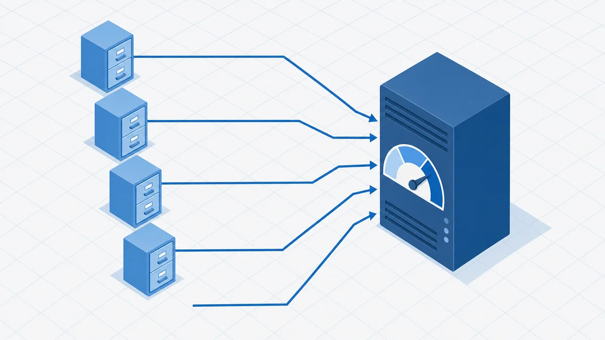 Isometric 3D scene of five regional filing cabinets consolidating into one central server with a score gauge
