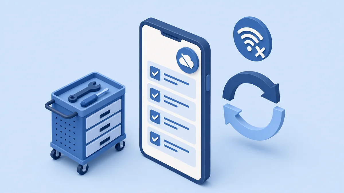 Isometric 3D smartphone with offline indicator badge and sync arrows in a workshop setting