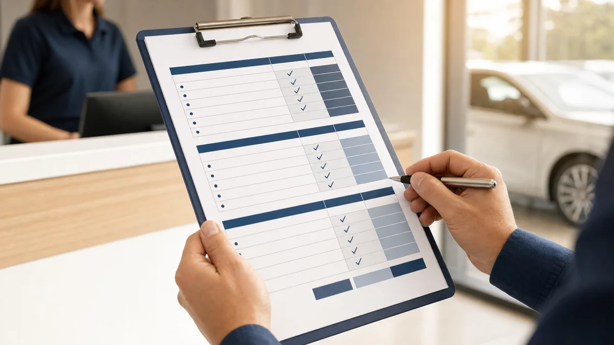 Dealer Operating Standards audit form with scored checklist sections at a dealership service desk