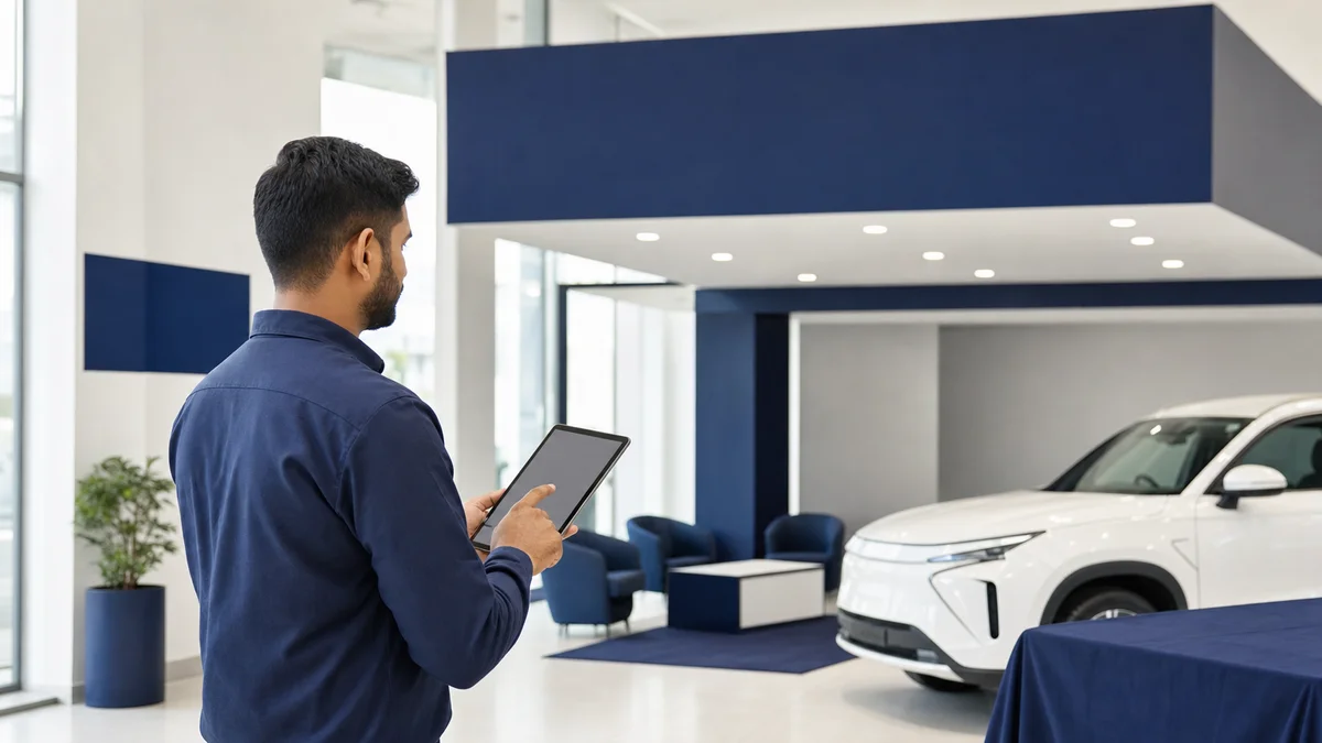 Field auditor reviewing customer experience checklist on tablet at a vehicle handover bay