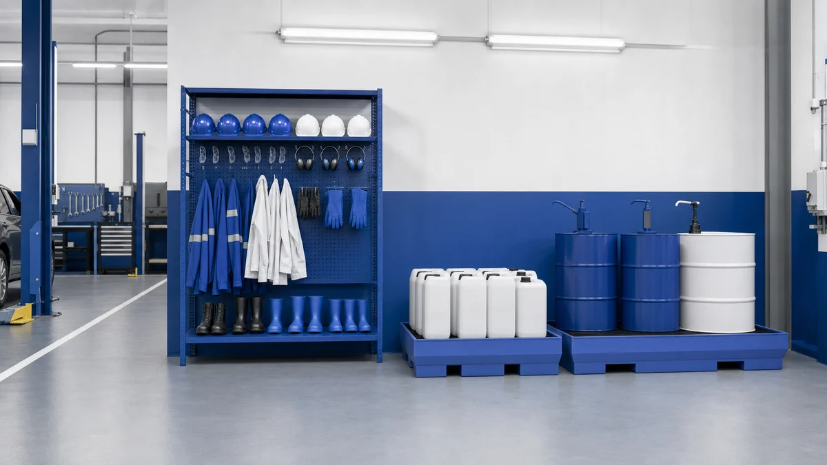Workshop health and safety compliance showing PPE station and bunded chemical storage pallets