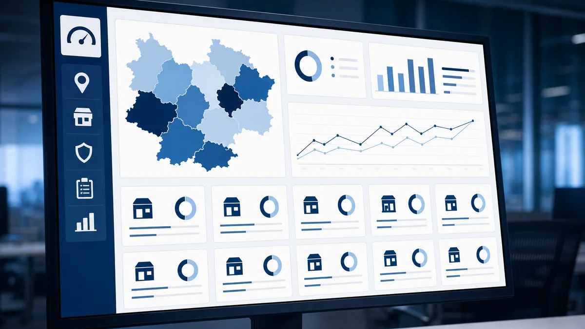 Network compliance dashboard showing real-time dealer scores across multiple regions on a monitor