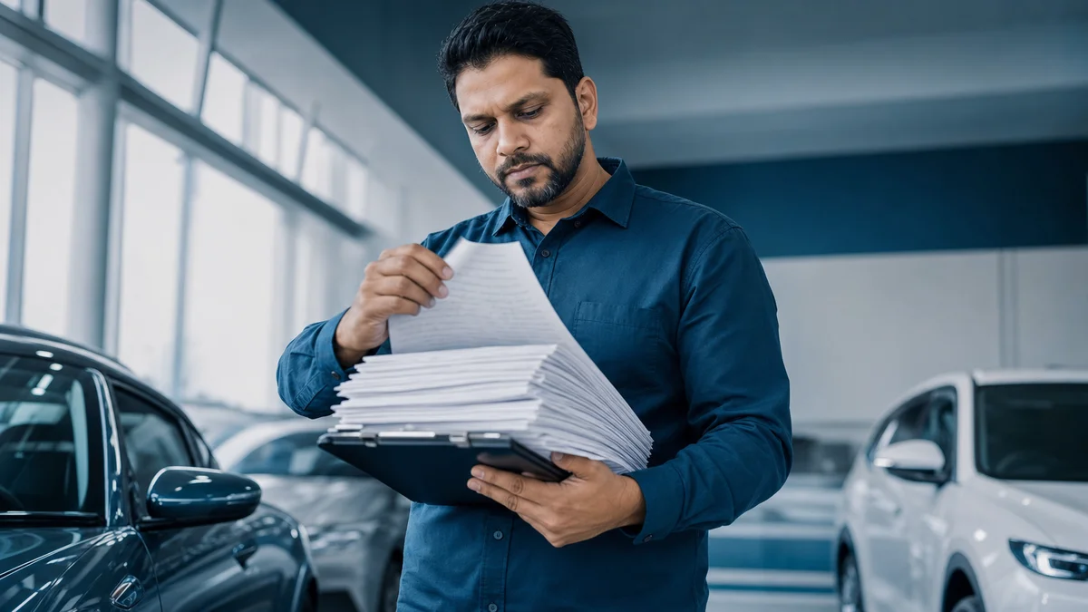 Field auditor holding a thick stack of paper audit sheets at a car dealership showroom