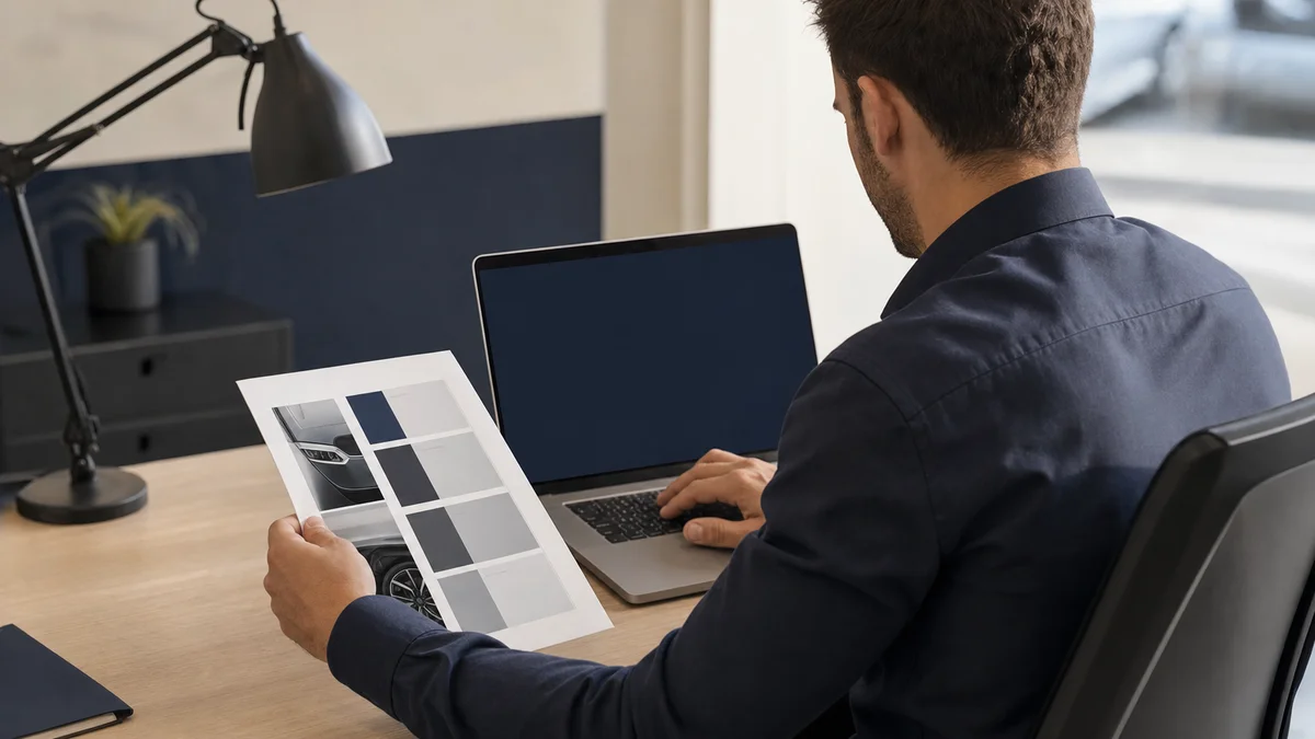 Network quality manager configuring a digital audit checklist on a laptop in a dealership office
