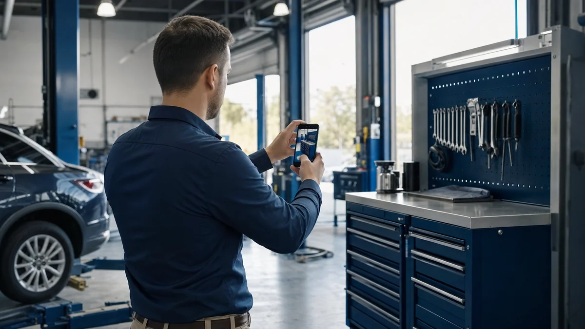 Field auditor photographing a service bay tool cabinet with a smartphone during a live dealer audit