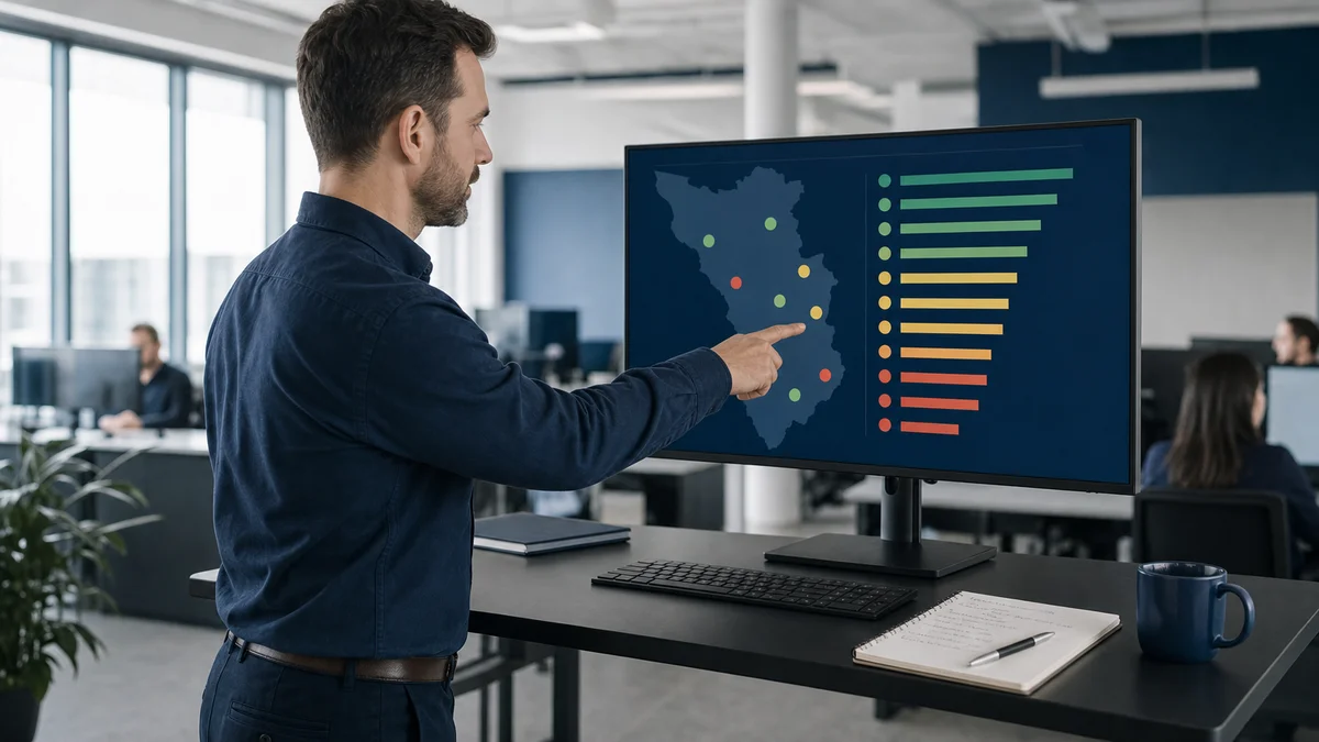 Regional operations manager reviewing a live dealer compliance dashboard on a large monitor