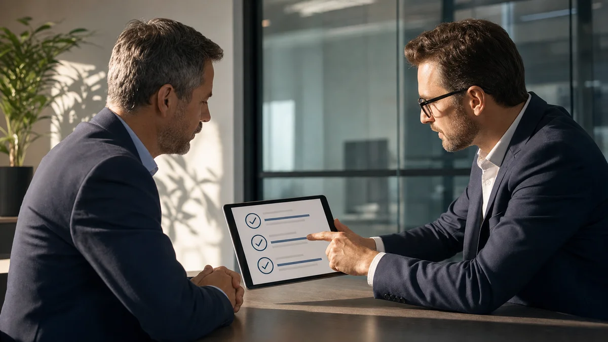 Dealer principal and auditor reviewing a digital visit report together on a tablet at a meeting table
