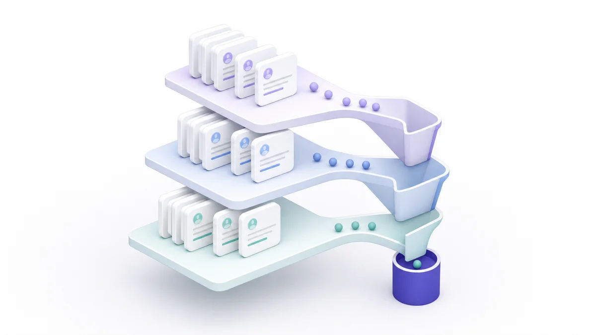 Isometric 3D scene of a tiered account list feeding a pipeline funnel