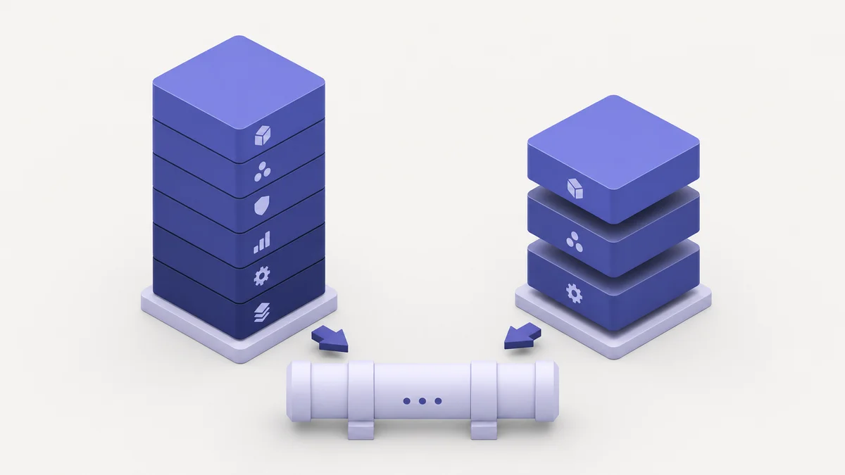Isometric 3D comparison of an enterprise ABM platform tower versus a CRM-and-LinkedIn modular stack