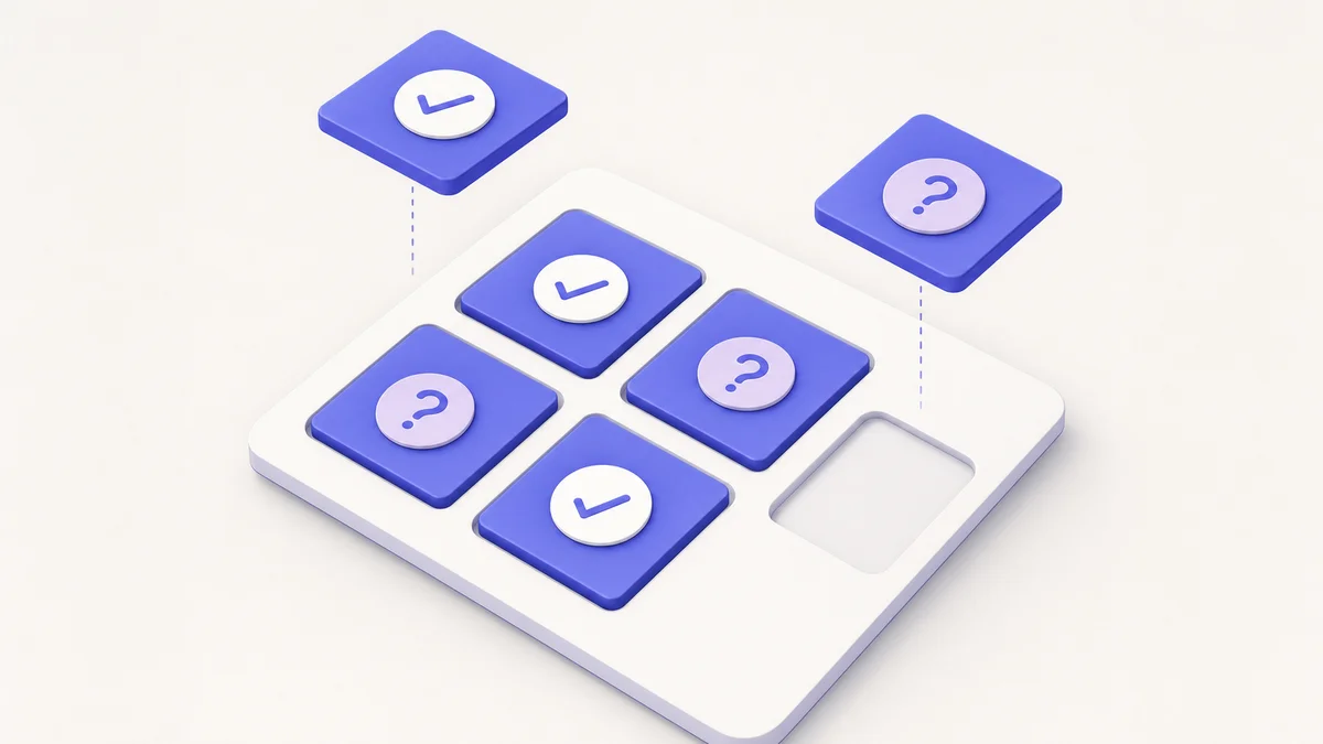 Isometric 3D proof-of-concept scorecard with five acceptance criteria tiles
