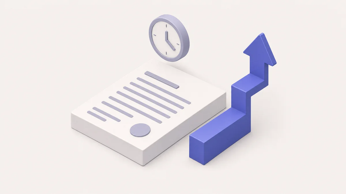 Isometric 3D contract document with renewal clock and upward price escalation arrow