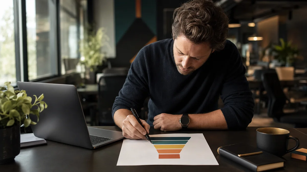 Marketing manager annotating a printed PPC funnel diagram at a modern office desk